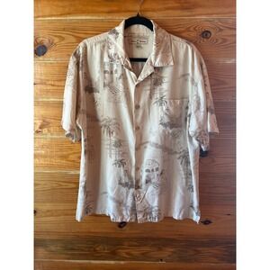 Tommy Bahama Sz L 100% Silk Tropical Toile Camp Shirt Cream Tan Vacation Resort